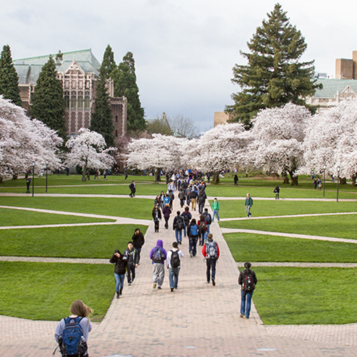 College campus with students walking around